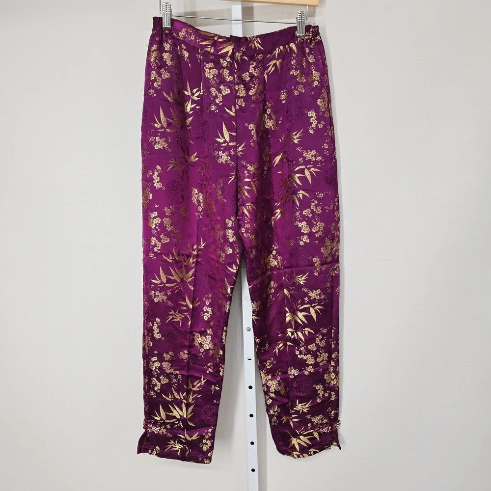 Vintage Magenta Gold Silk Satin Brocade Floral‎ Bamboo Tapered Pants Womens XL